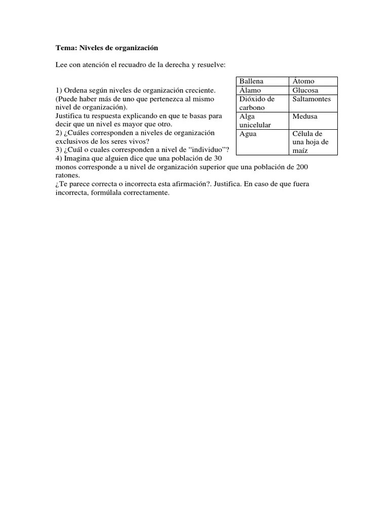 Ejercicio Niveles De Organizacion | PDF | Biología | Organismos
