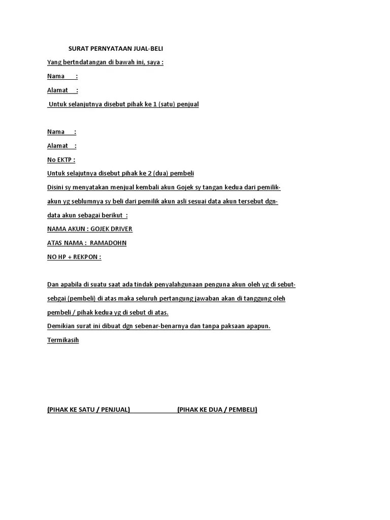 Surat Pernyataan Jual-Beli Akun Gojek | PDF