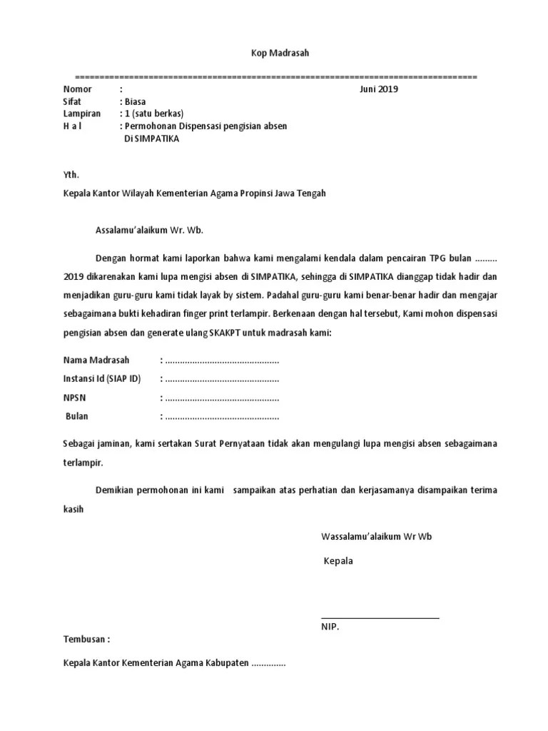 Surat keterangan penolakan dari kua, di fotokopi pada kertas ukuran a4, di meterai 6000 dan stempel . Contoh Surat Permohonan Dispensasi Pengisian Absen Pdf