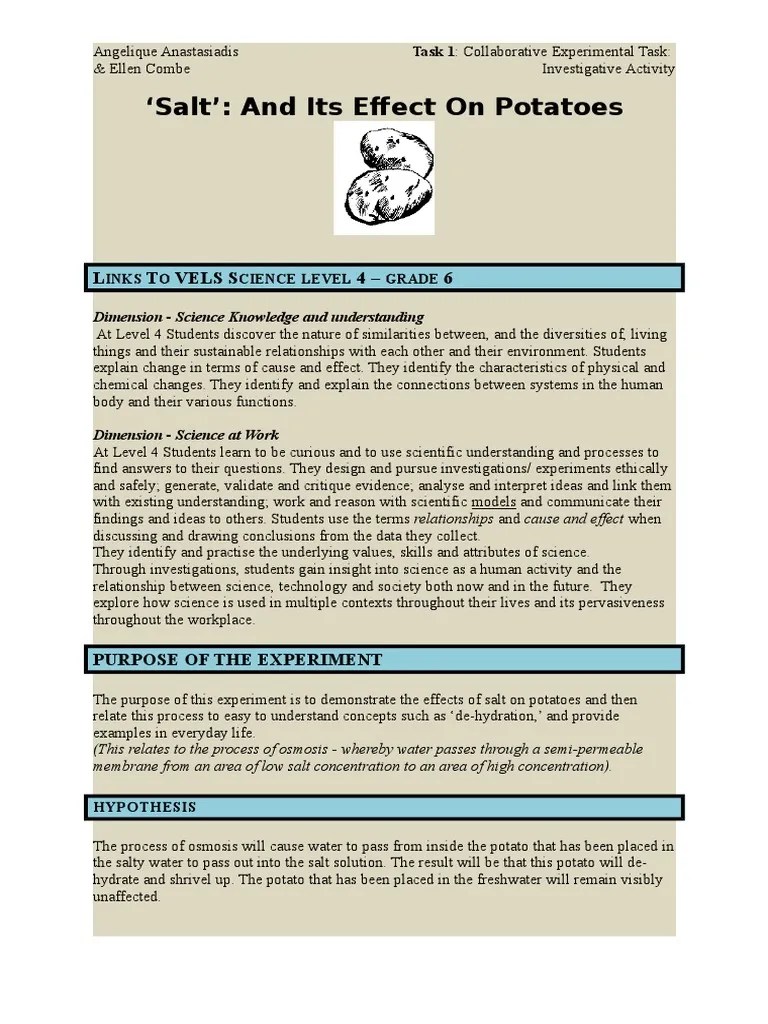 The Effects Of Salt On Potatoes: An Experiment Demonstrating Osmosis | PDF | Experiment | Osmosis