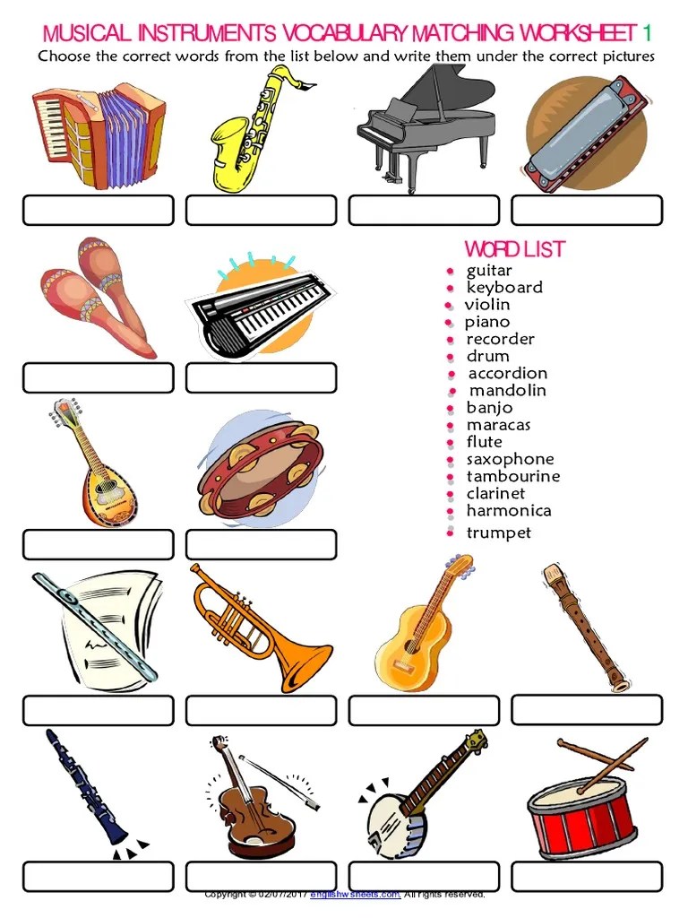 The violin is a beautiful, complex, and delicate instrument. Musical Instruments Vocabulary Esl Matching Exercise Worksheet For Kids Pdf Music Industry Sound