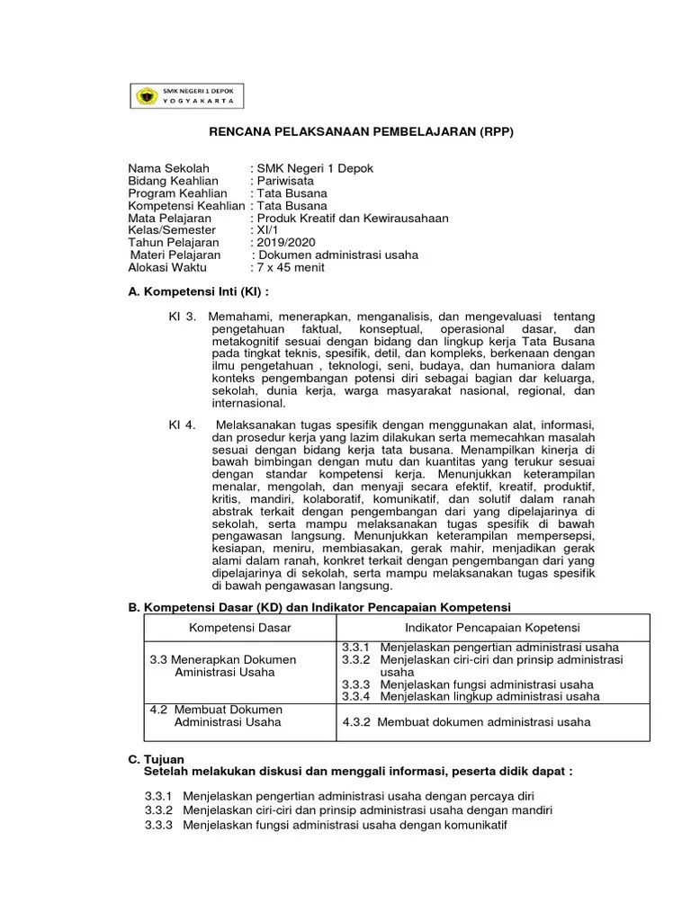 Pengelolaan bidang administrasi dalam berwirausaha Rpp Pkk Dokumen Administrasi Usaha Pdf