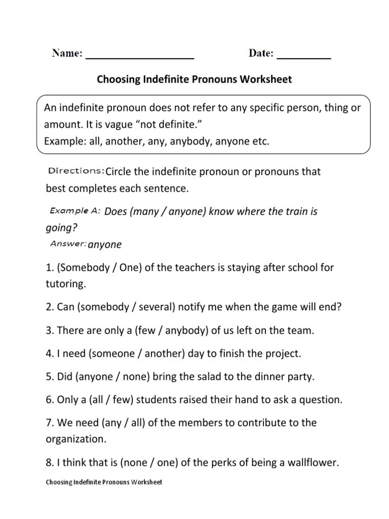 Grade, 2nd grade, 3rd grade, 4th grade, and 5th grade indefinite pronouns worksheets. Choosing Indefinite Pronouns 1 Pdf
