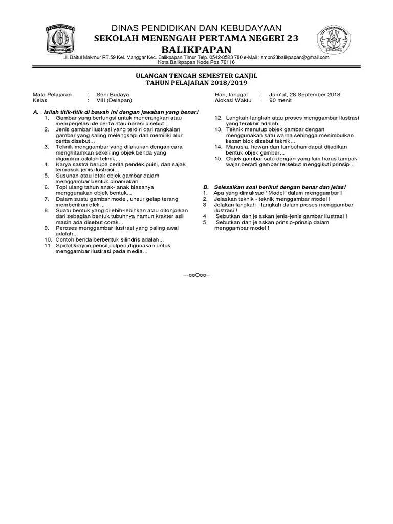 Seni lukis, patung, animasi, dan . Form Naskah Pts1 Seni Budaya Kls Viii Pdf