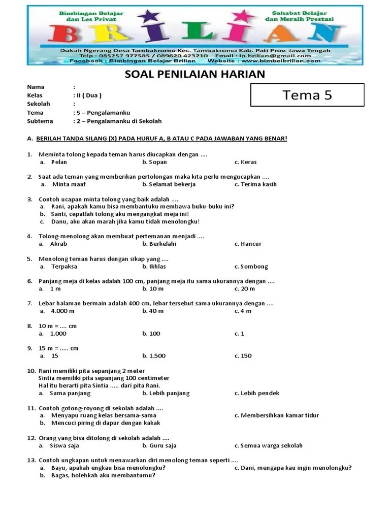 Soal Tematik Kelas 2 SD Tema 5 Subtema 2 Pengalaman Di Sekolah Dan Kunci  Jawaban PDF