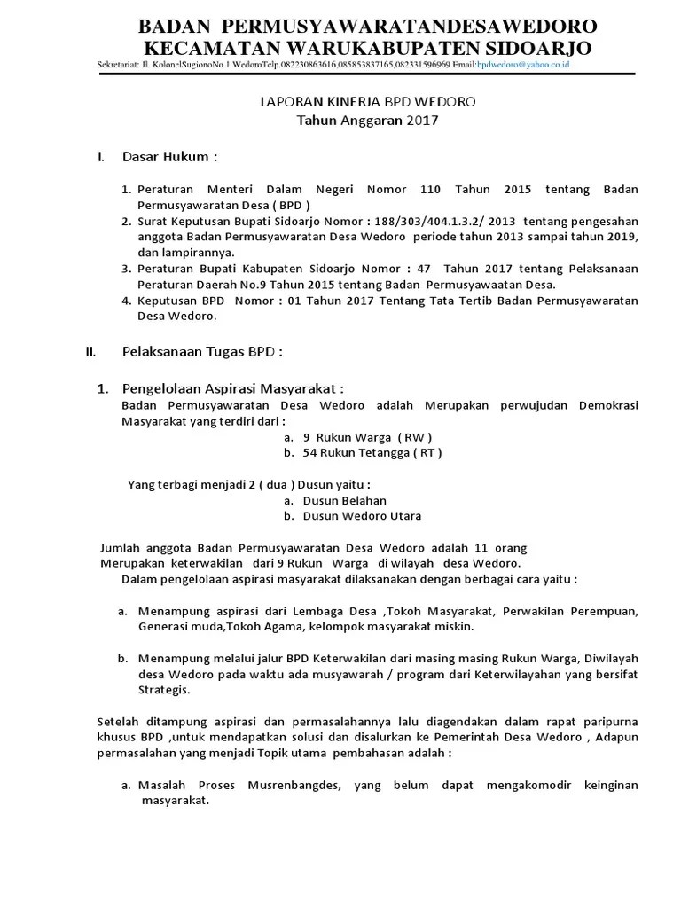 Penjabaran tupoksi bpd sebenarnya telah tertuan dalam uu no. Laporan Kinerja Bpd Tahun 2017 Pdf Pdf