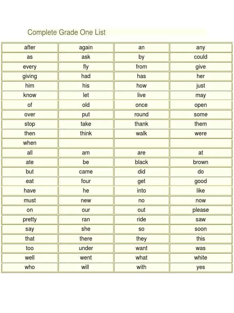 grade 1 word list