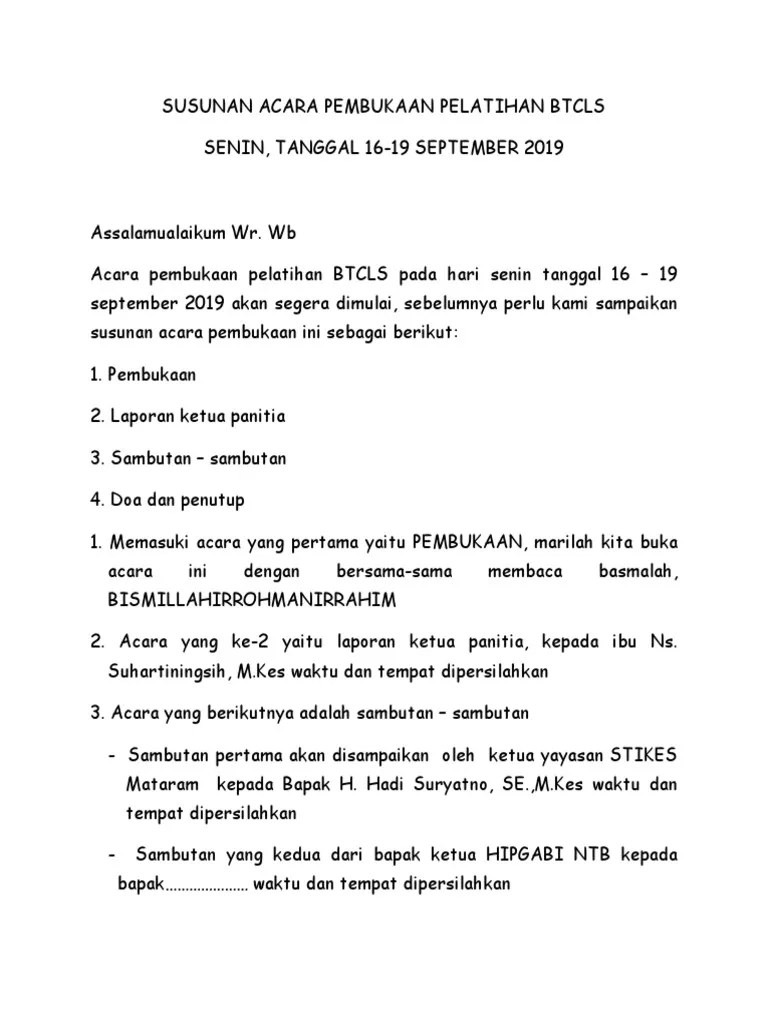 Susunan Acara Pembukaan Pelatihan Btcls | PDF