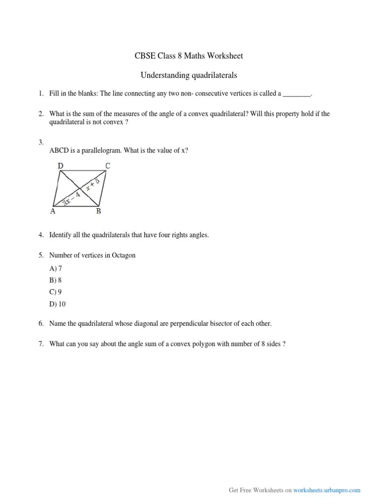 Understanding Quadrilaterals CBSE Class 8 Worksheet | PDF | Euclidean Geometry | Euclidean Plane ...