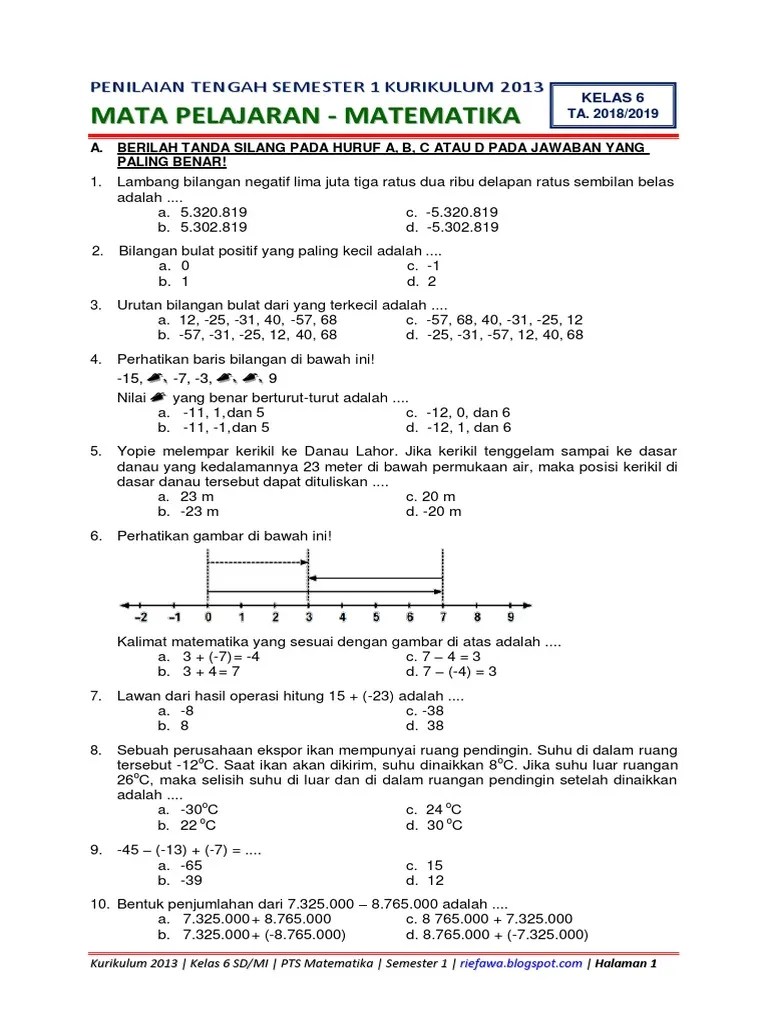 Bilangan yang kurang dari nol b. Soal Uts Matematika Kelas 6 Semester 1 Bilangan Bulat