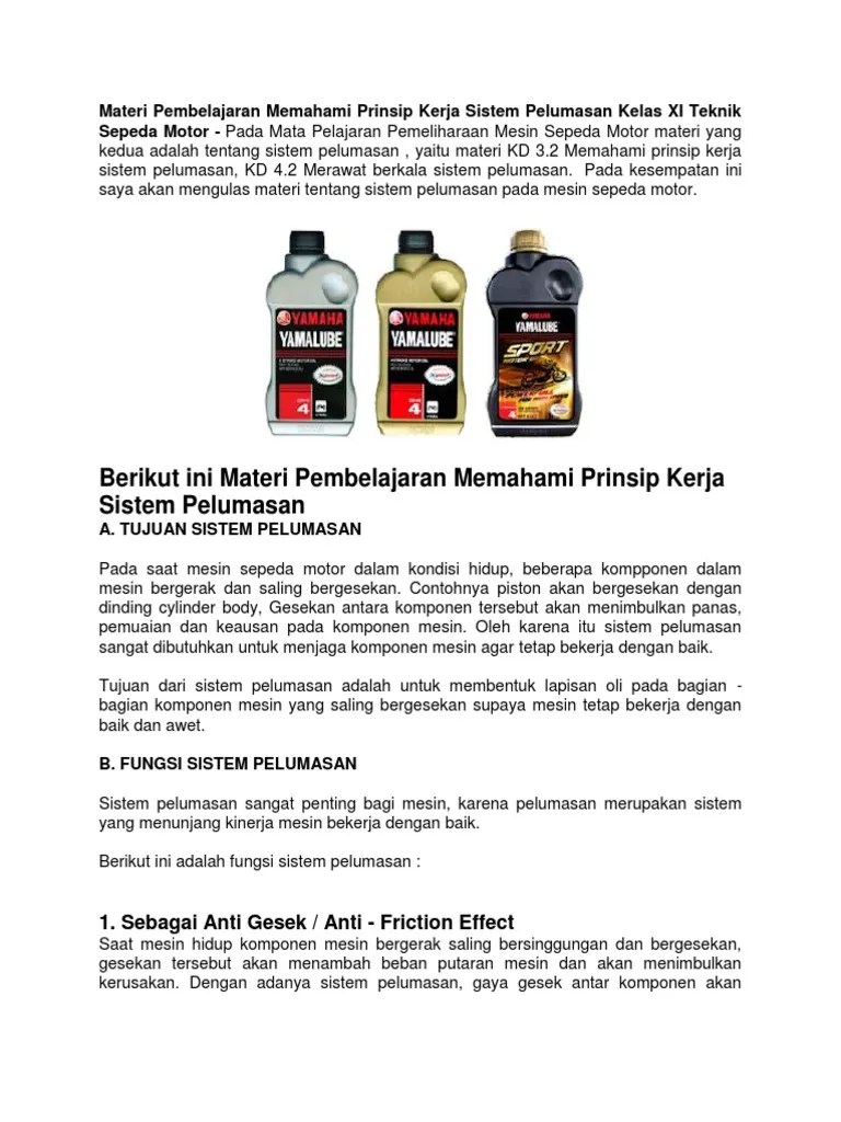Materi Pembelajaran Memahami Prinsip Kerja Sistem Pelumasan Kelas XI Teknik  Sepeda Motor | PDF