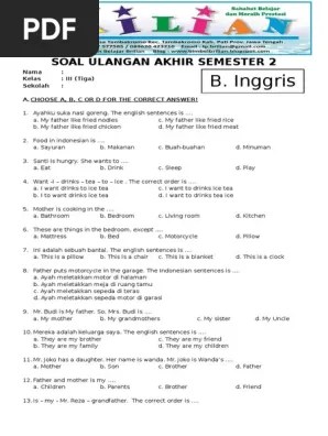 Kelas vi semester 1 rp10.900. Soal Uas B Inggris Kelas 3 Sd Semester 2 Dan Kunci Jawaban Pdf Pdf Fruit Foods