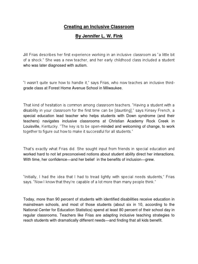 Creating Inclusive Classroom | PDF | Special Education | Classroom