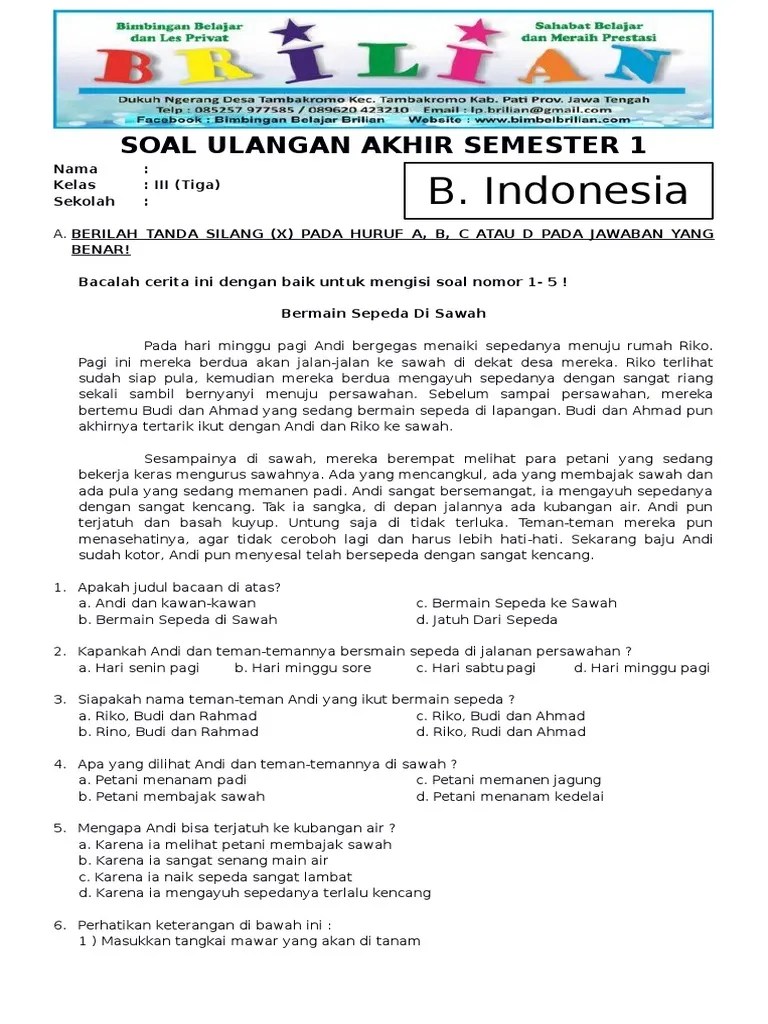 Cerita komedi adalah cerita yang bisa membuat kita menjadi. Soal Uas Bahasa Indonesia Kelas 3 Sd Semester 1 Ganjil Dan Kunci Jawaban Www Bimbelbrilian Com 2 Pdf
