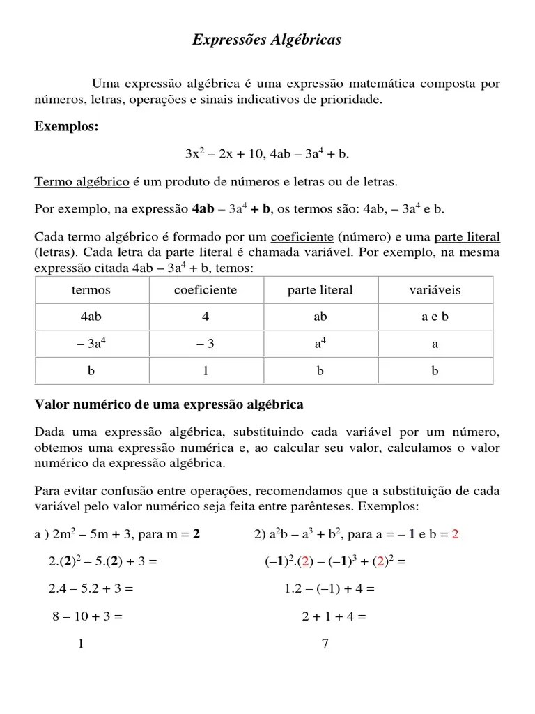 Expressões Algébricas: Exemplos | Álgebra | Notação