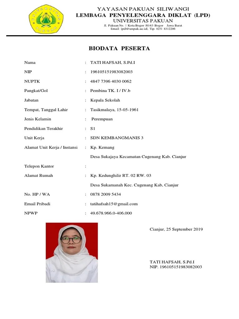 Tempat dan tanggal lahir karawang, 28 mei 1980 6. Format Biodata Peserta Diklat Masnurul