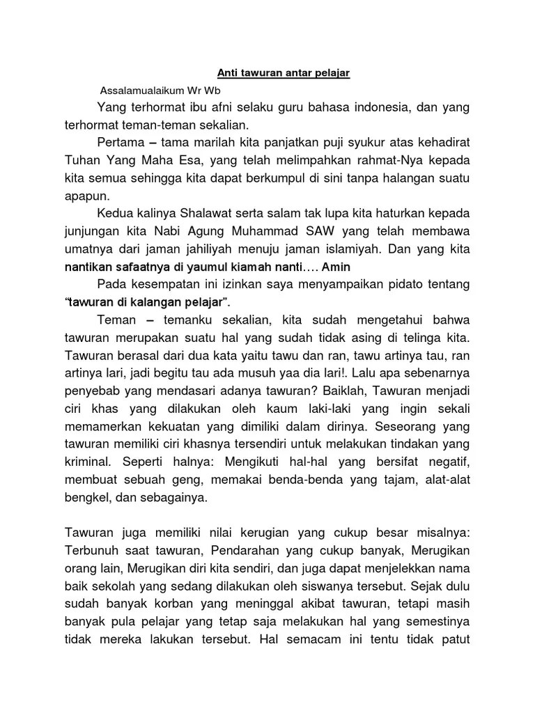 Contoh teks pidato singkat tema hari guru. Anti Tawuran Antar Pelajar Pdf