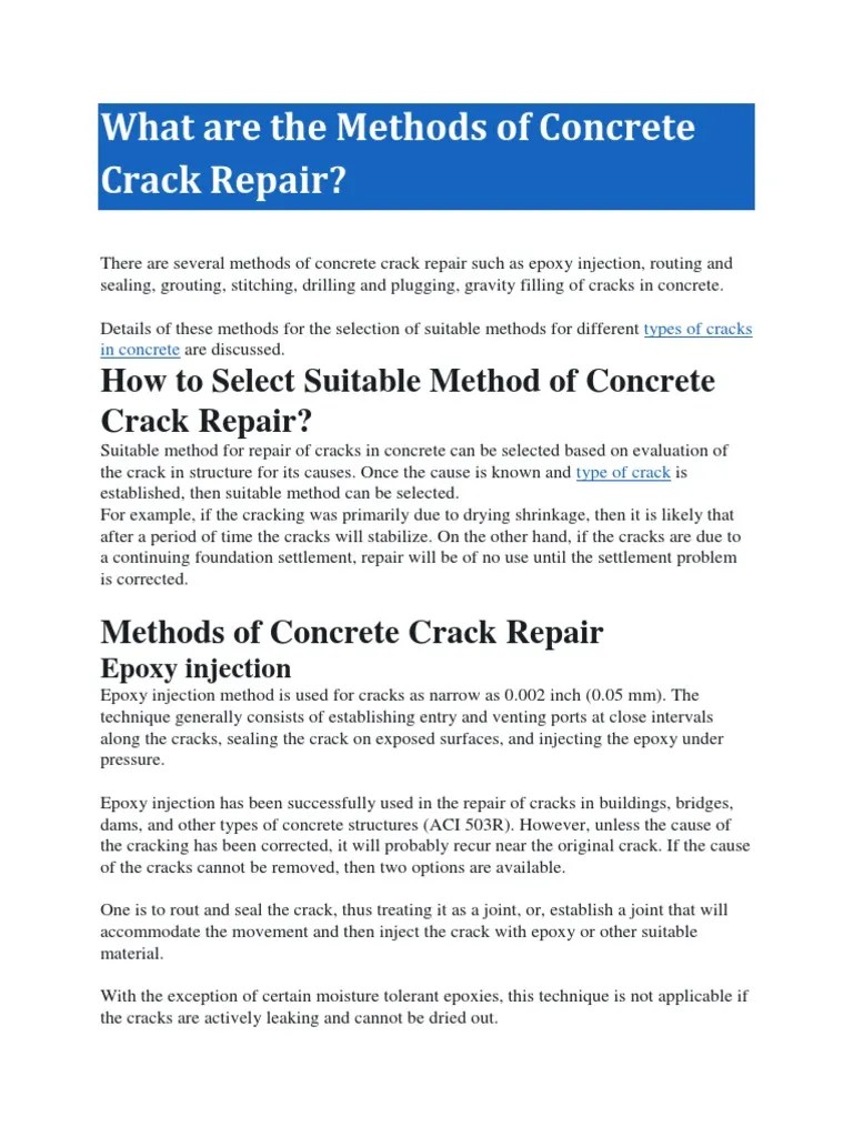 What Are The Methods Of Concrete Crack Repair | PDF | Prestressed Concrete | Concrete
