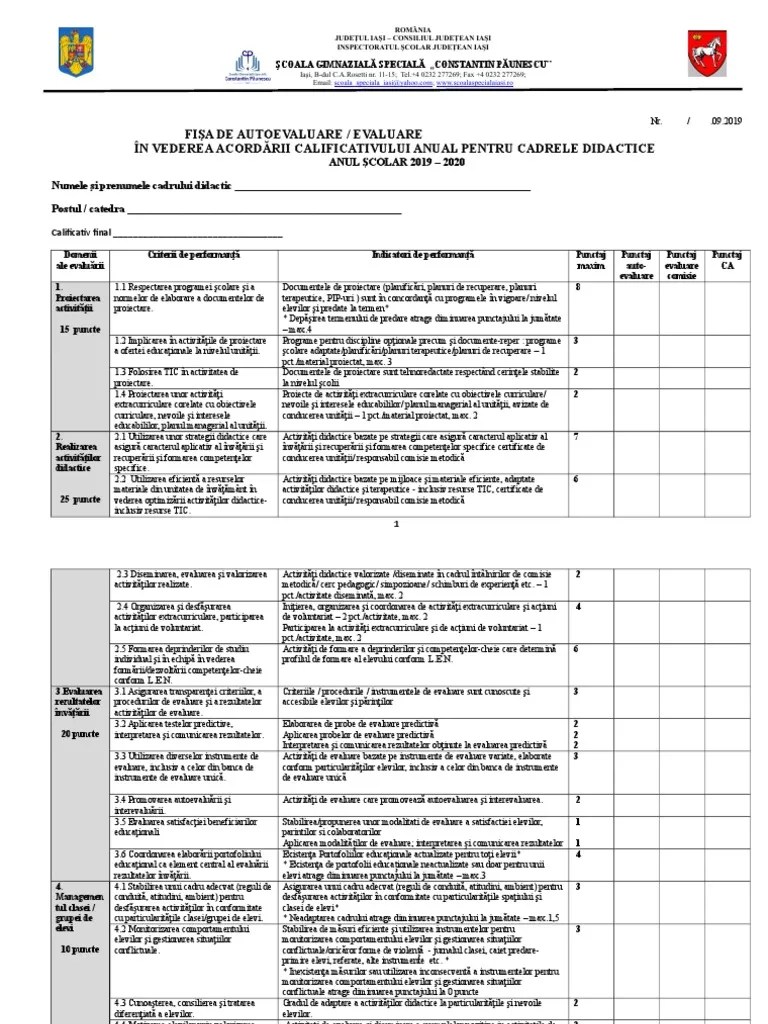 An scolar capacitatea de a explica regulile sociale, de a evalua obiectiv comportamentul social al elevului. Fisa De Evaluare Cadre Didactice 2019 2020