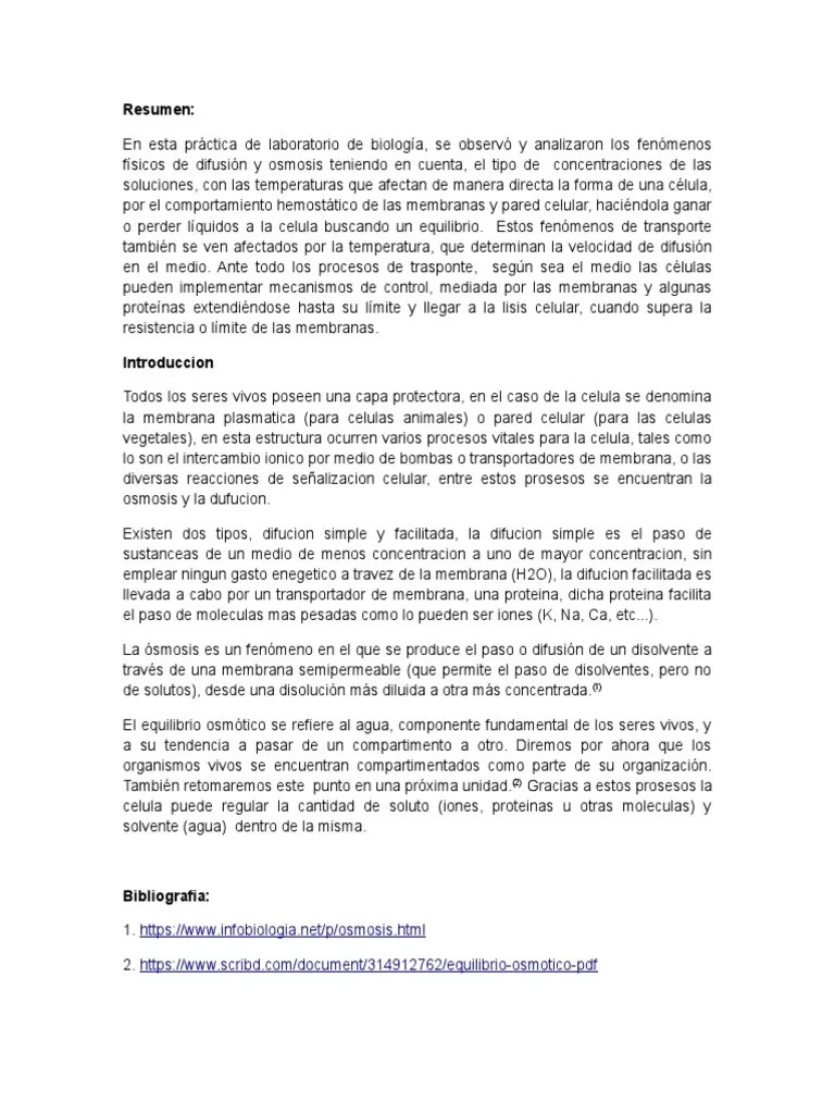 Informe Osmosis | PDF | Ósmosis | Membrana Celular