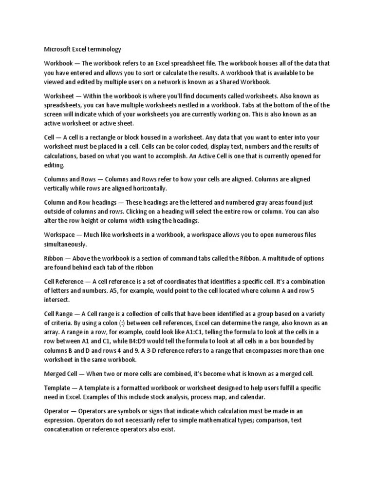 Microsoft Excel Terminology | PDF | Spreadsheet | Microsoft Excel