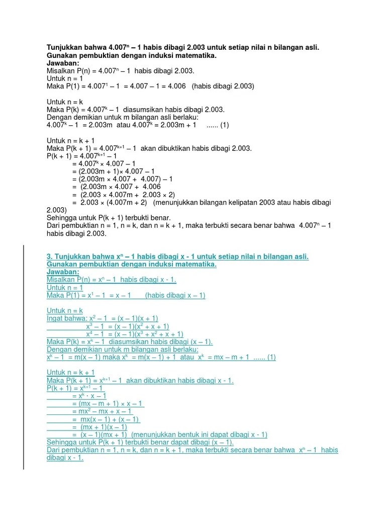 Soal ini merupakan salah satu contoh induksi matematika pada barisan bilangan. Print Induksi Pdf