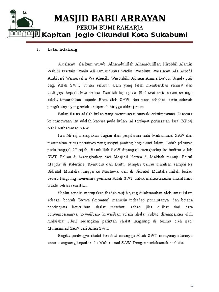 Berikut contoh proposal untuk kegiatan isra miraj 1441 h / 2020 m untuk kegiatan sekolah yang bisa menjadikan refrensi pembuatan proposal . Proposal Isra Miraj