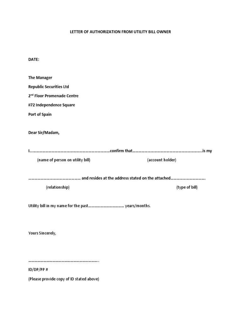 Sp group only requires the retailer to submit your sp utilities account number, account holder's name and postal code for verification to your security deposit will be used to offset the final charges. Letter Of Authorization From Utility Bill Owner Docx