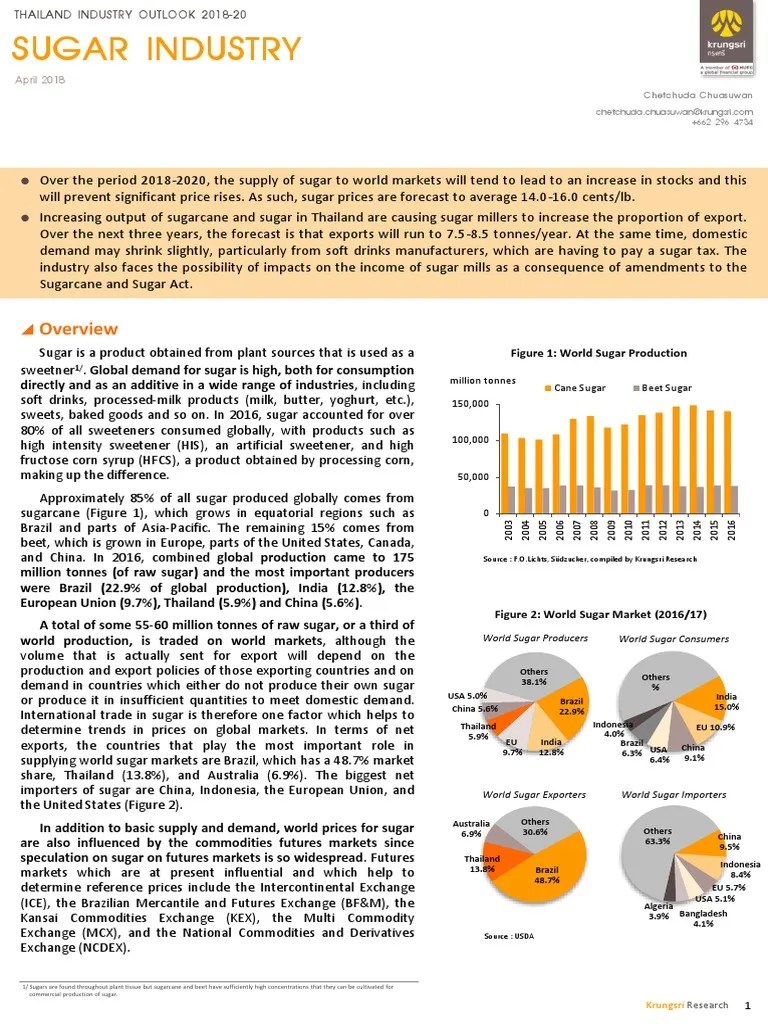 Thailand Sugar Industry Outlook 2018-20 | PDF | Sucrose | Sugarcane