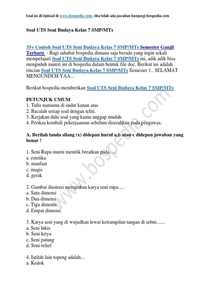 30.10.2017 · soal tematik kelas 5 tema 4 sub tema 2. Soal Uts Seni Budaya Kelas 7 Smp Pdf