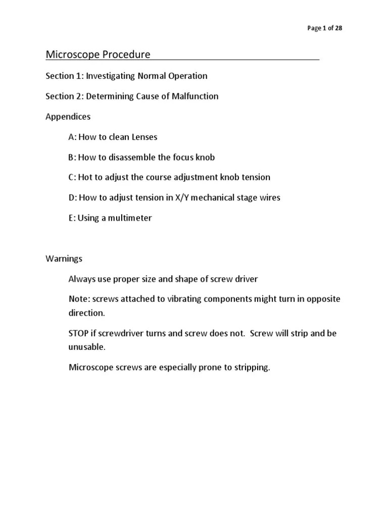 Microscope Procedure: Page 1 Of 28 | PDF | Lens (Optics) | Aperture