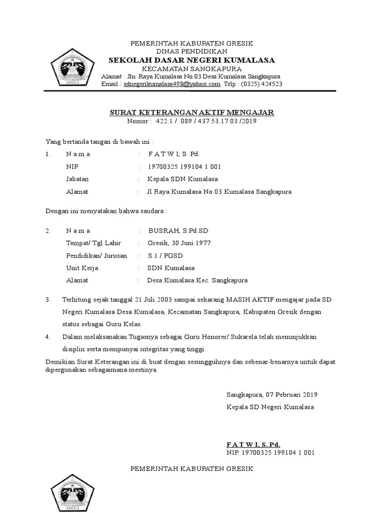 Contoh surat keterangan aktif mengajar dari kepala sekolah. Surat Keterangan Aktif Mengajar 2019 Pdf
