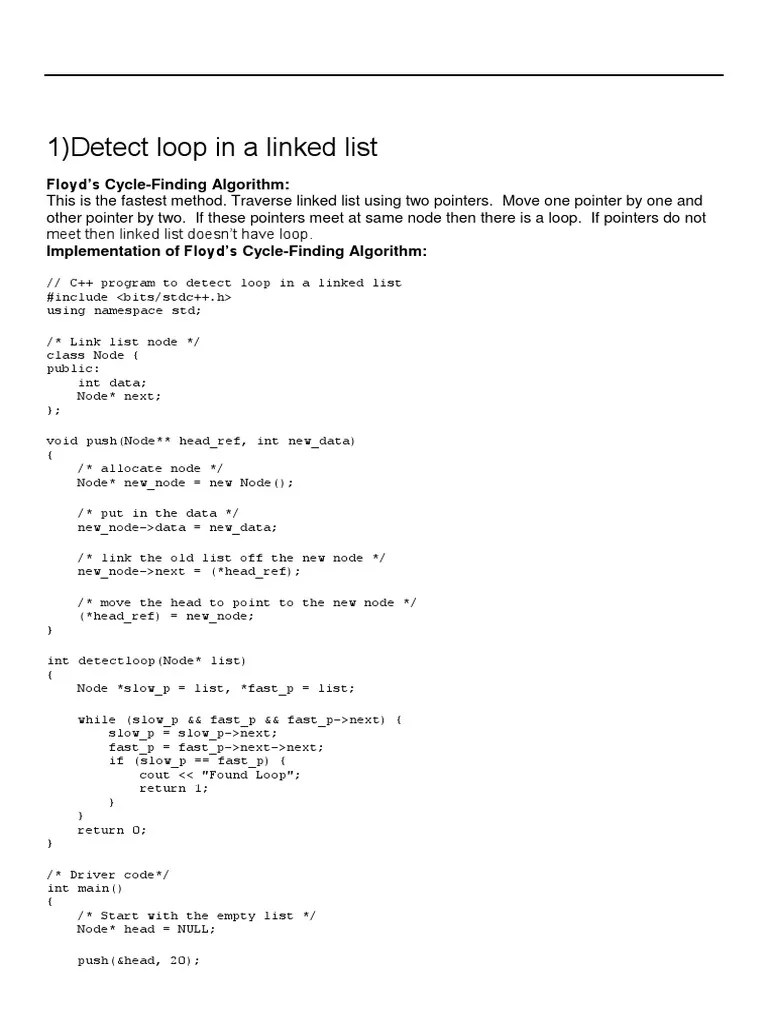 1) Detect Loop In A Linked List: Floyd's Cycle-Finding Algorithm | PDF ...