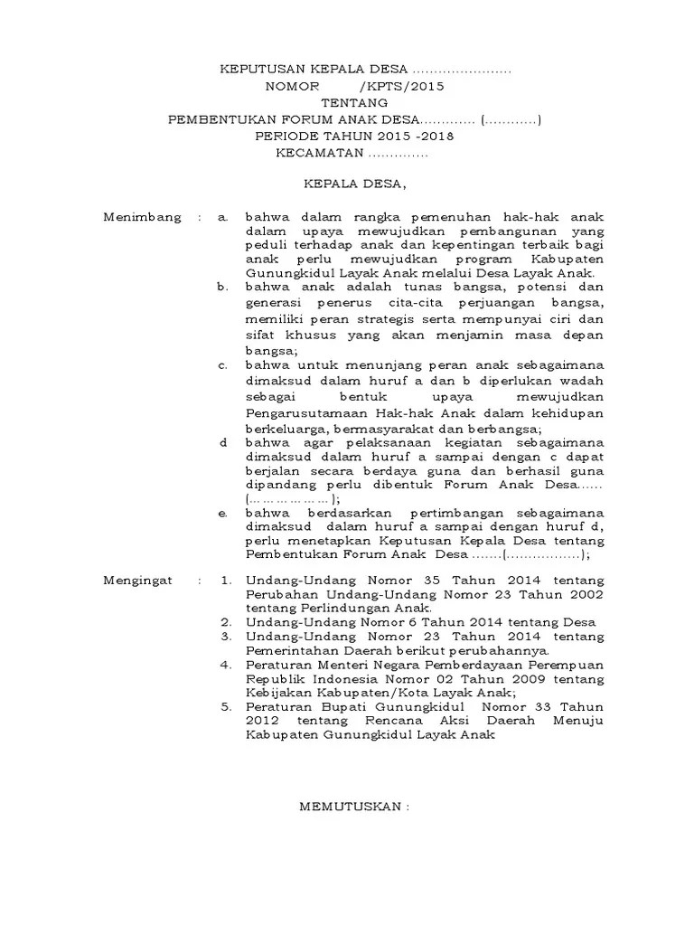 Petunjuk teknis kabupaten/kota layak anak di. Sk Forum Anak Desa 2015 Pdf