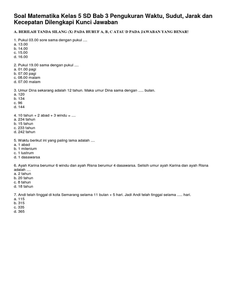 Soal Matematika Kelas 5 SD Bab 3 Pengukuran Waktu | PDF
