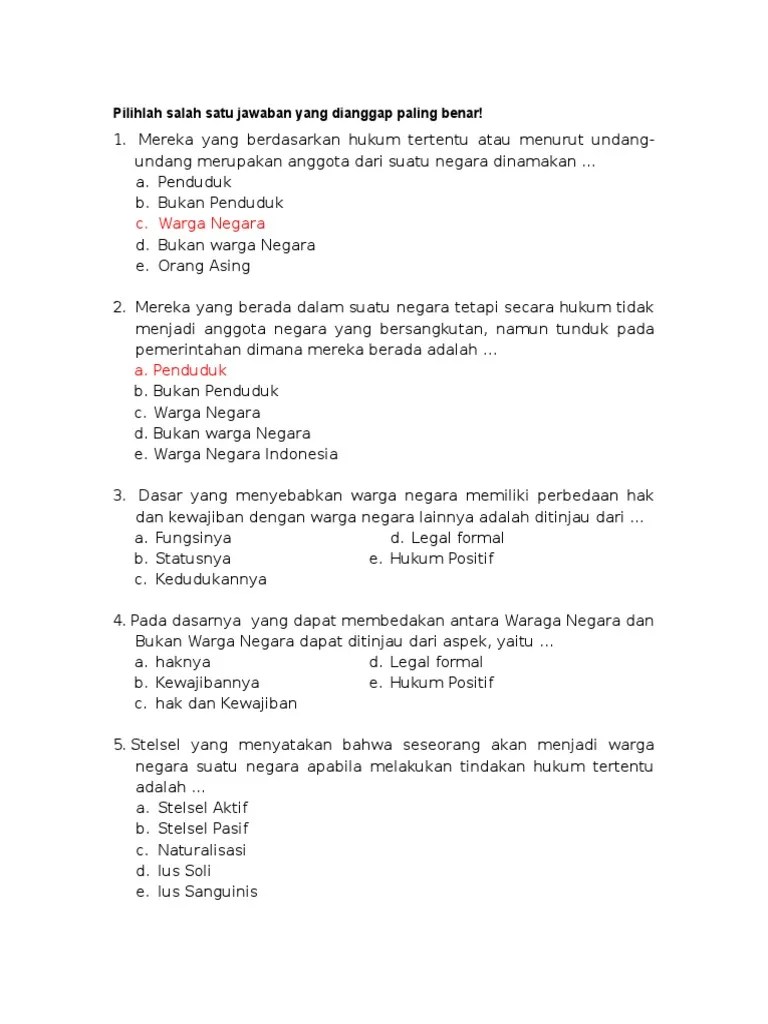 Kisi Kisi Soal PG Hak Dan Kewajiban Warga Negara | PDF