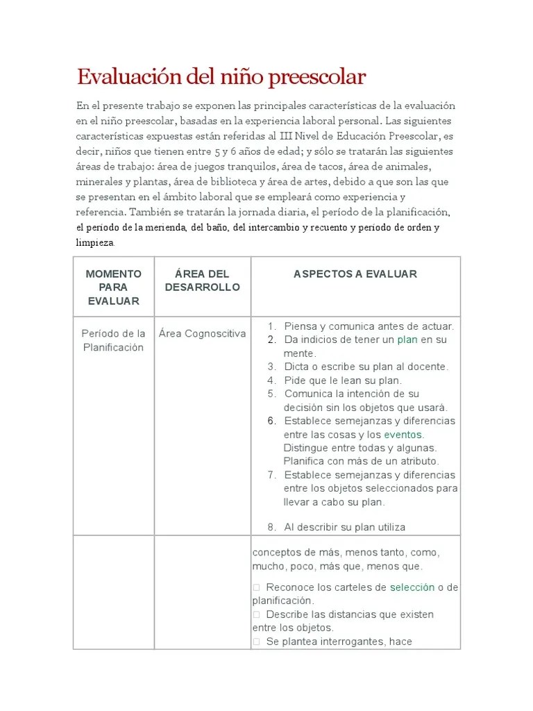 Evaluacion Del Niño Preescolar | PDF | Educación De La Primera Infancia | Planificación