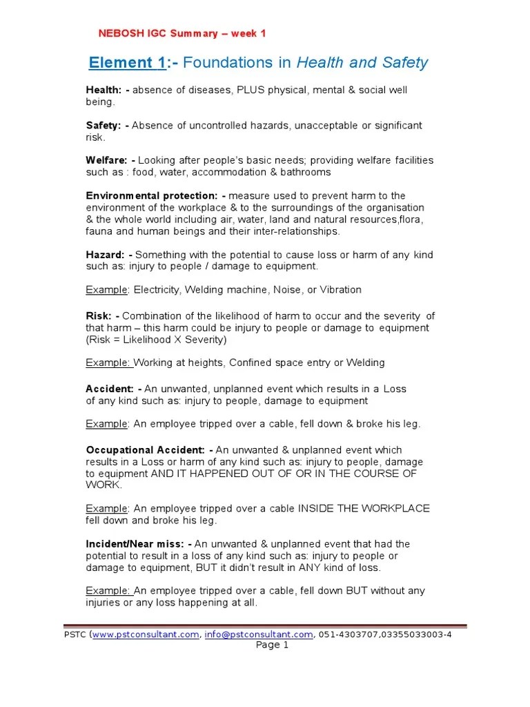 Element 1:-Foundations In Health And Safety: NEBOSH IGC Summary - Week 1 | PDF | Personal ...