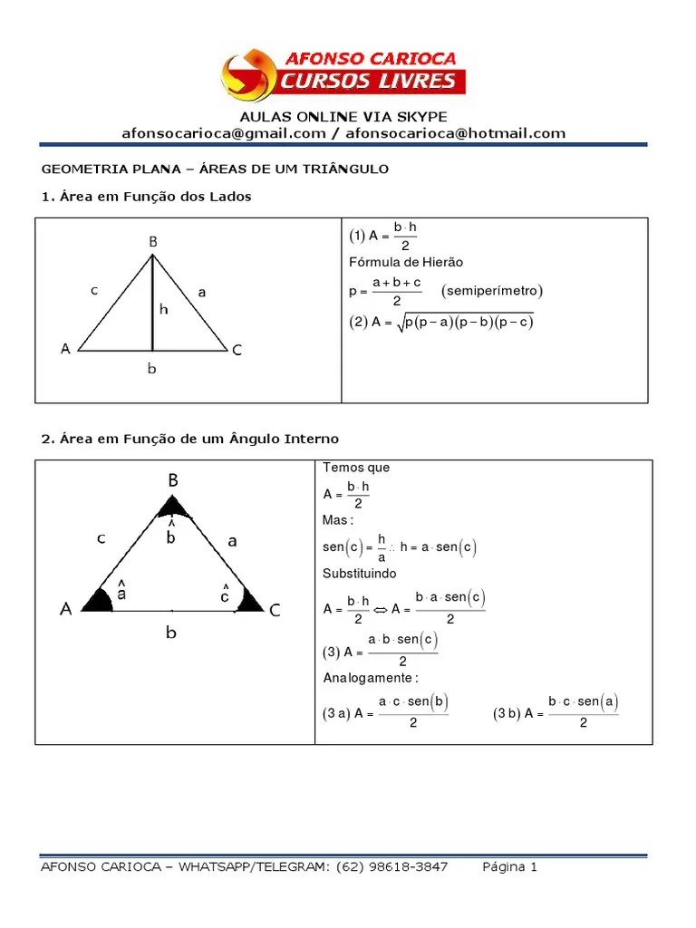 Aulas Online Via Skype: Geometria Plana – Áreas De Um Triângulo 1. Área Em Função Dos Lados ...