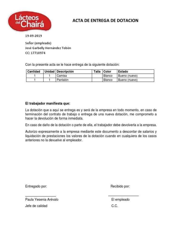 Acta De Entrega De Dotacion Empleados | PDF | Business