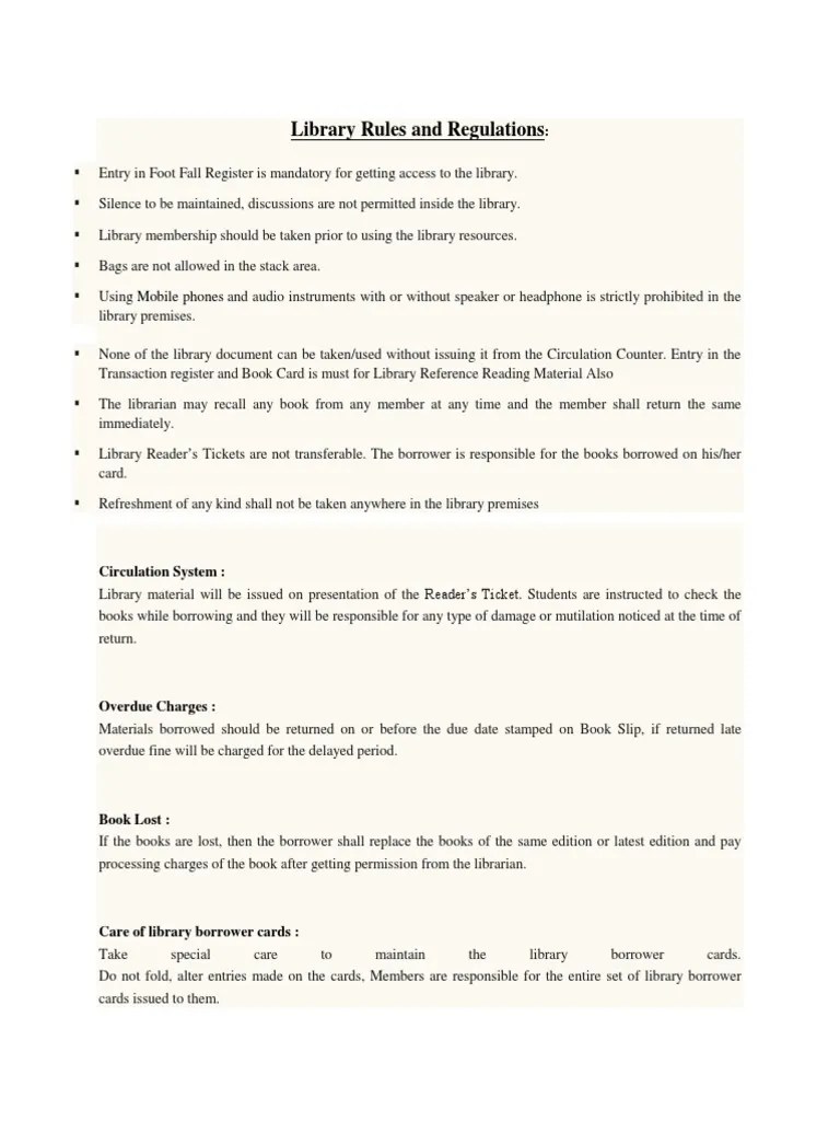 Library Rules And Regulations | PDF | Libraries | Librarian