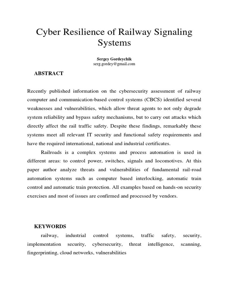 Cyber Resilience Of Railway Signaling | PDF | Computer Security | Security