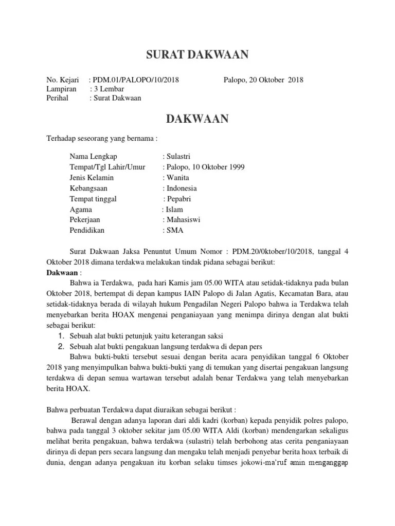 Artikel Contoh Surat Dakwaan Subsidair Contoh Surat 