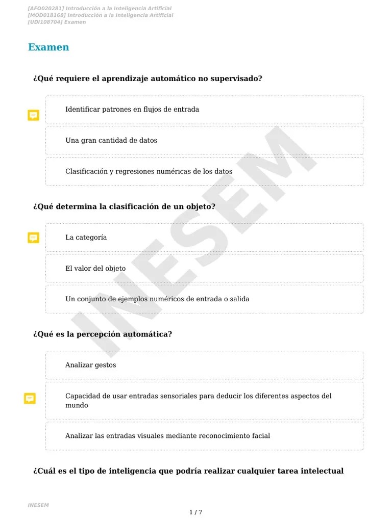 Examen Inteligencia Artificial | PDF | Inteligencia Artificial | Inteligencia (IA) Y Semántica