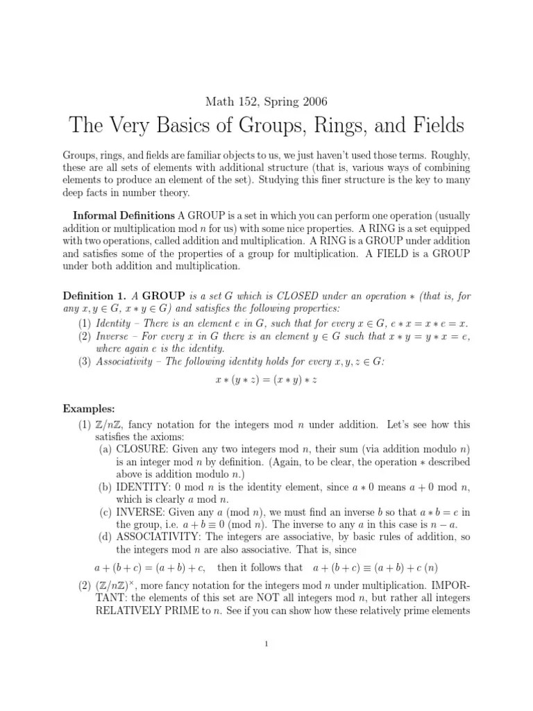 The Very Basics Of Groups, Rings, And Fields: Math 152, Spring 2006 ...