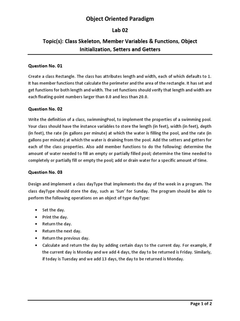 Lab 02 - OOP F19 | PDF | Class (Computer Programming) | Parameter ...