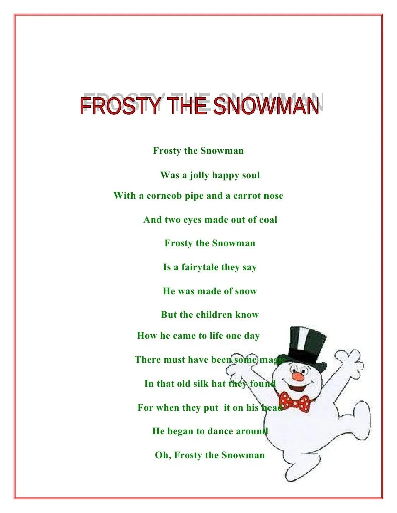 Printable frosty the snowman lyrics