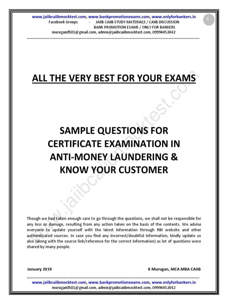 AML-KYC-Sample Questions By Murugan | PDF | Money Laundering | Banks