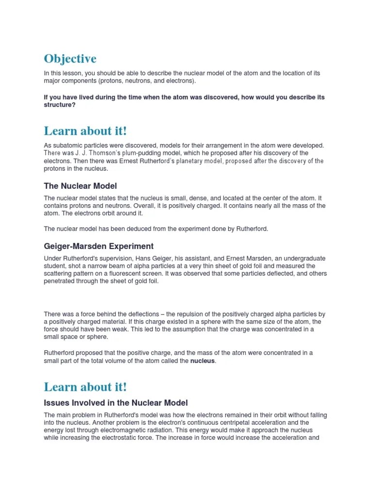 Lesson Guide Nuclear Model Of Atom | PDF | Atomic Nucleus | Nuclear Physics