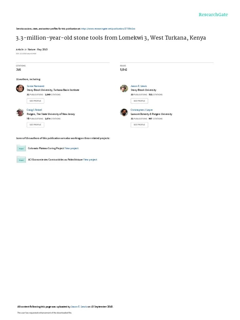 3.3 Million Year Old Stone Tools From Lomekwi 3, West Turkana, Kenya ...